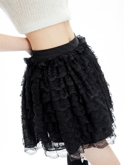 High Waist Lace Puffy Short Skirt