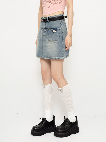 Pocket Slit Flap Design Denim Skirt