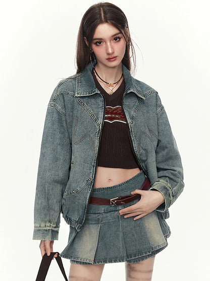 American Retro Denim Jacke Kurzrock -Set