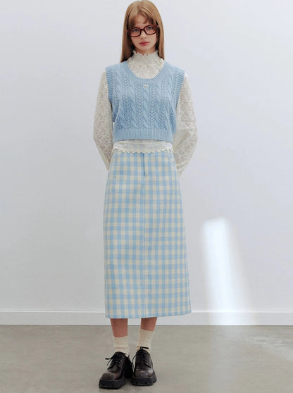 Blue and white striped A-line long skirt