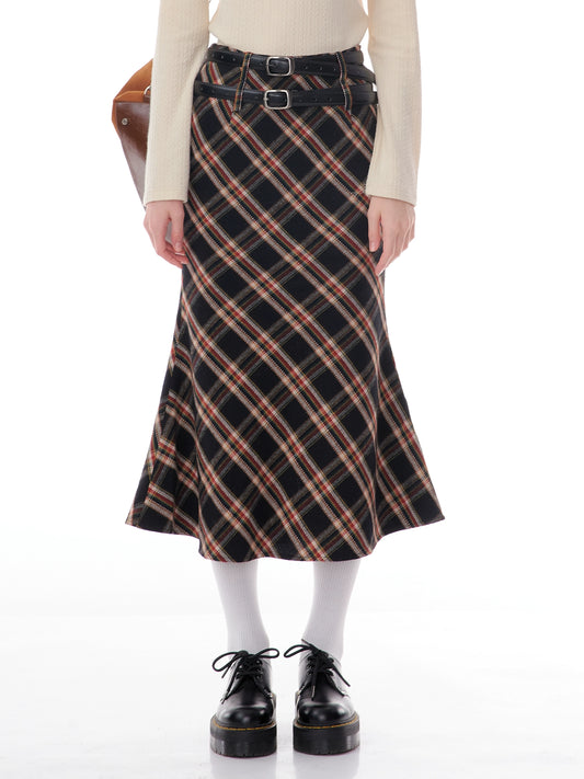 American retro high waist plaid skirt