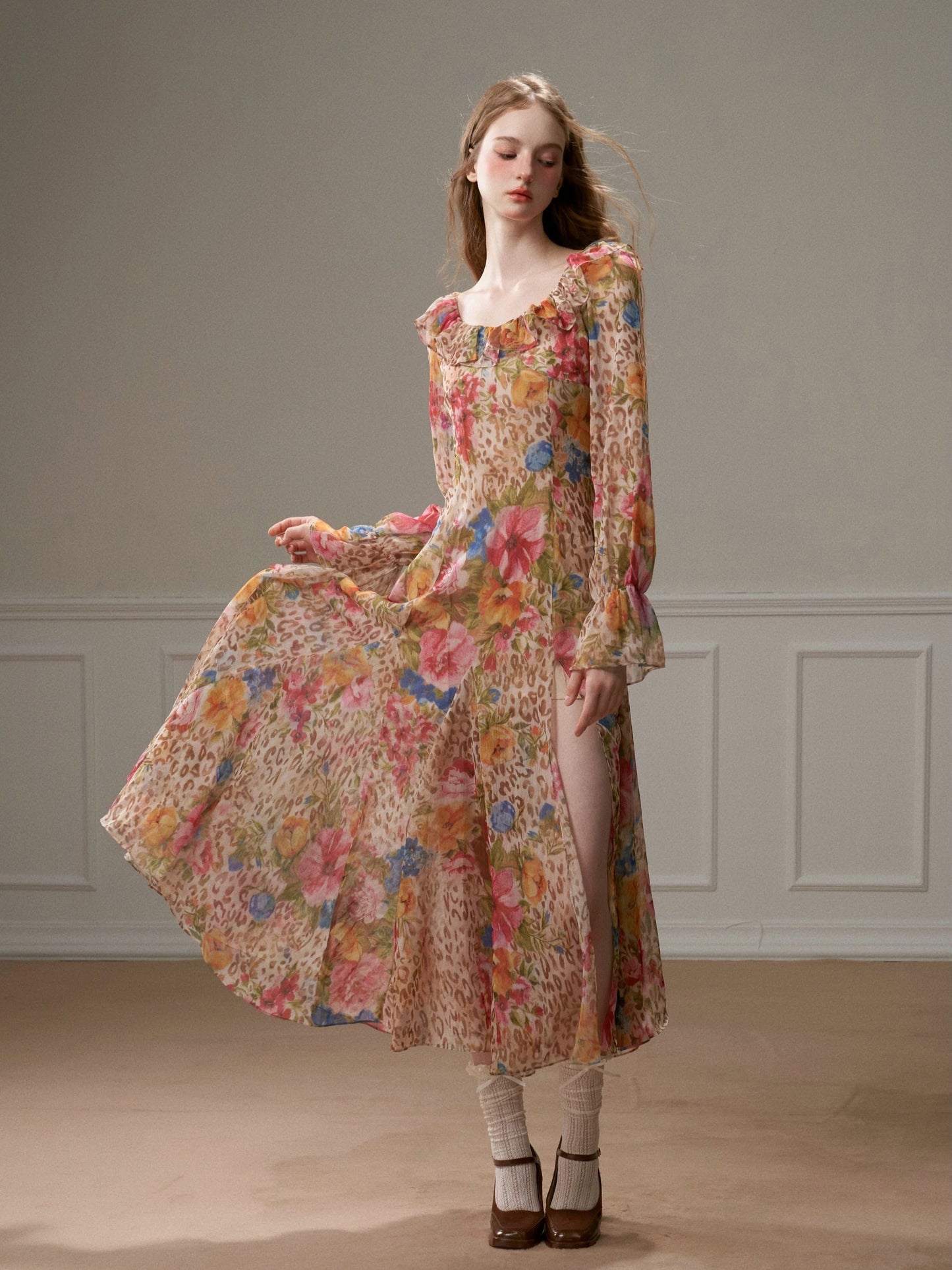Long and short lace patchwork slit dress