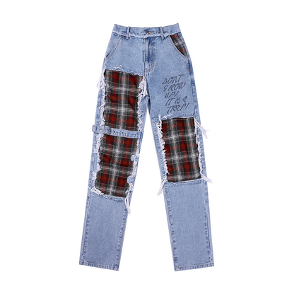 Red checkered strappy jeans pants