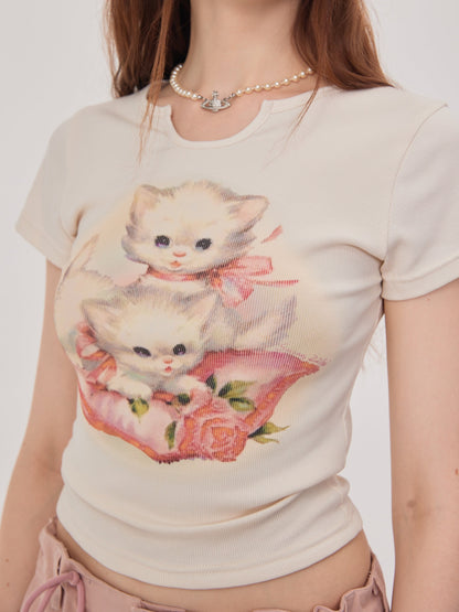 Lovely Cat U Neck Short Sleeve T-Shirt