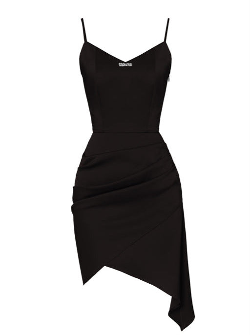 Black Satin High End Waist Chain Shirt Jacket + Ile-hem Asymmetrical Cami Dress