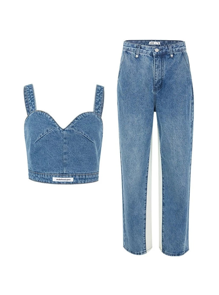 Strap Tank Top Denim Pants Two Piece Set