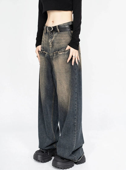 Retro loose wide-leg casual denim trousers