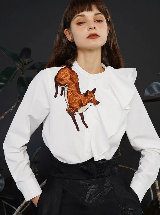 Embroidery Stand Up Collar Cotton Shirt