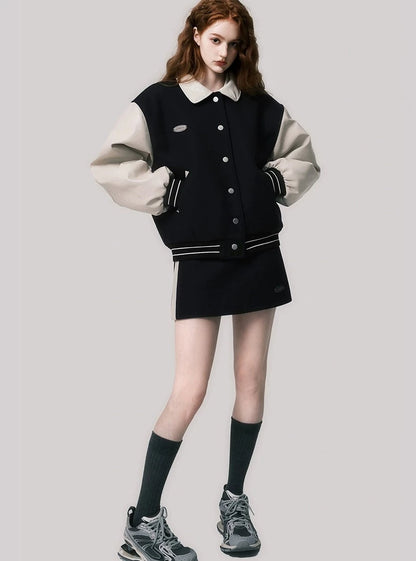 American baseball uniform woolen coat skirt set