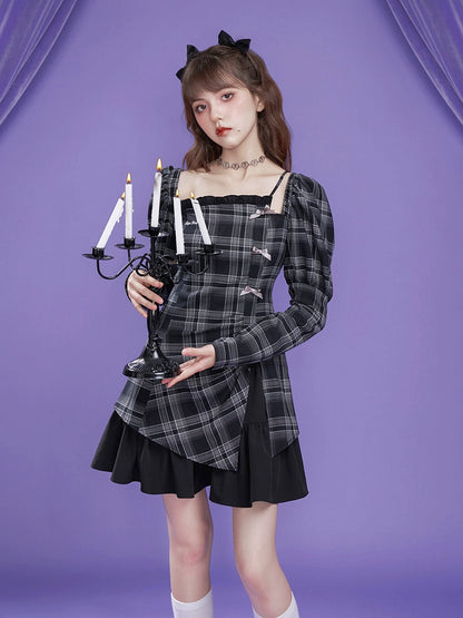 Plaid long-sleeve asymmetrical design dress