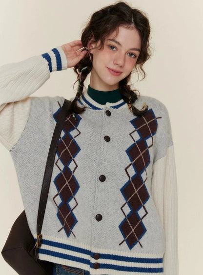 CHECKERED KNITTED CARDIGAN JACKET