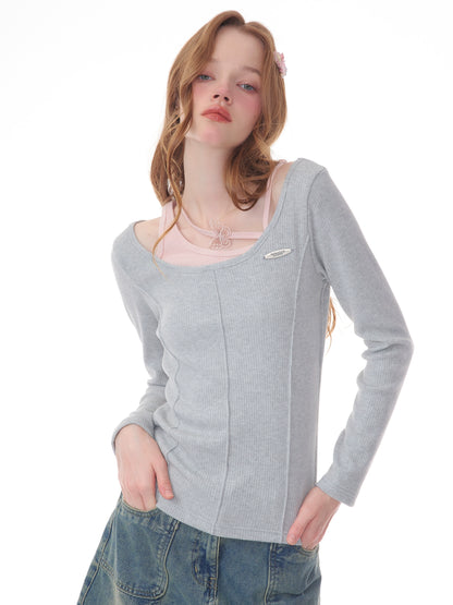 Retro long sleeve top slim knitted base T-shirt