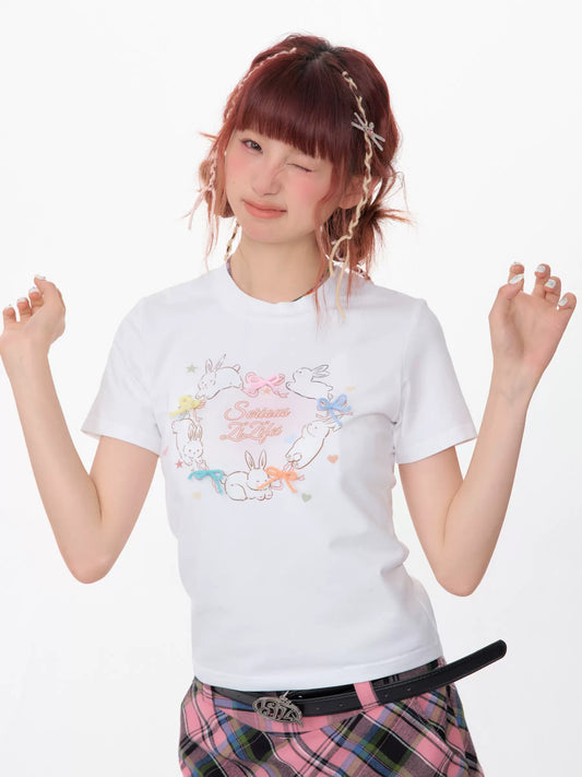 Rabbit Heart Print Short Sleeve Top