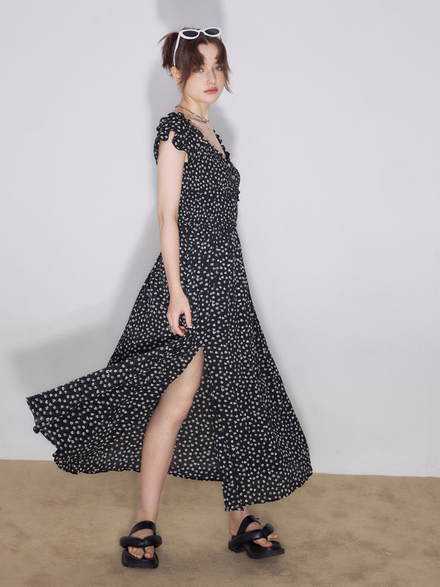 Retro Black Flower Sleeve Dress