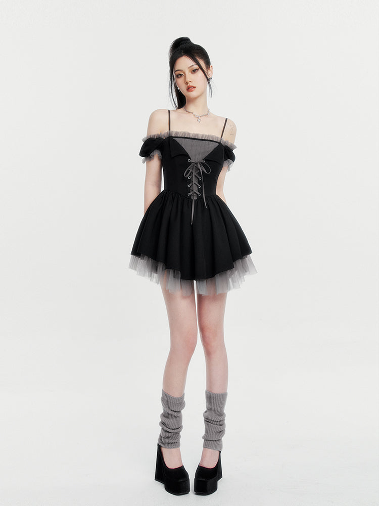 Lace-up layered tulle dress