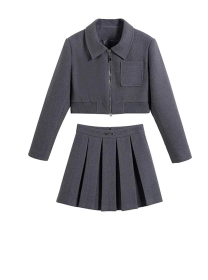 Simple tweed thick jacket short skirt