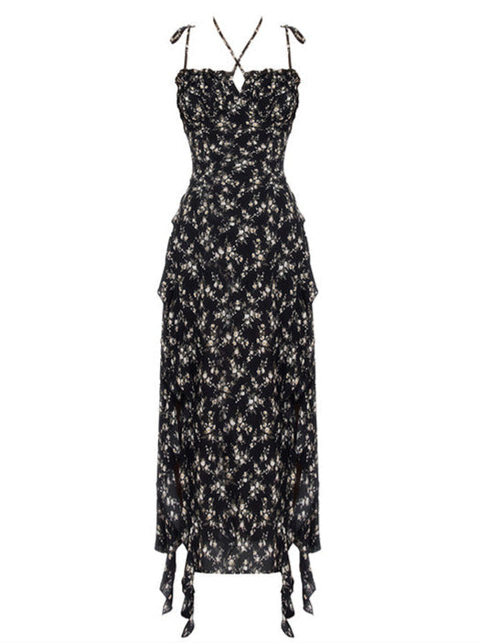 Cool Black Floral Ruffle Irehem Halter Bow Cami Dress