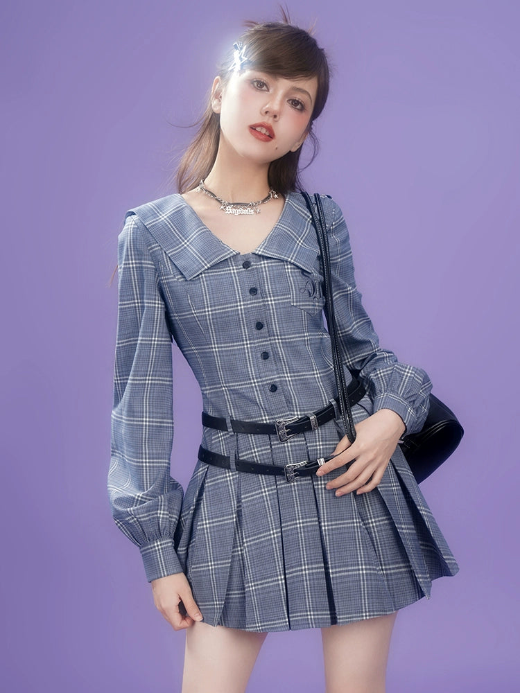 Collar Long-sleeve Plaid Dress