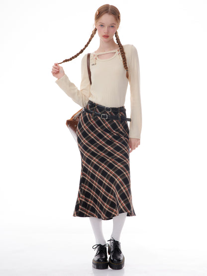 American retro high waist plaid skirt