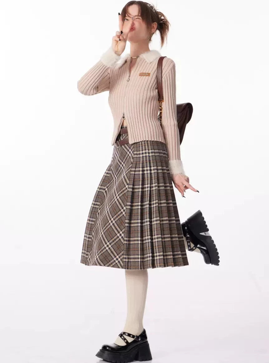 A-line plaid thickened pleated midi length Skirt