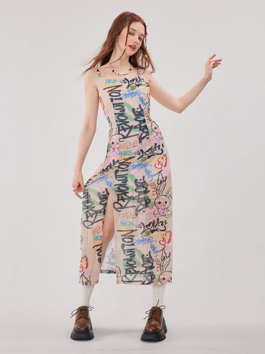 Doodle Design Long Strap Dress