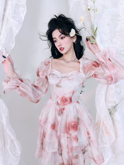 Rose princess puff sleeve dress