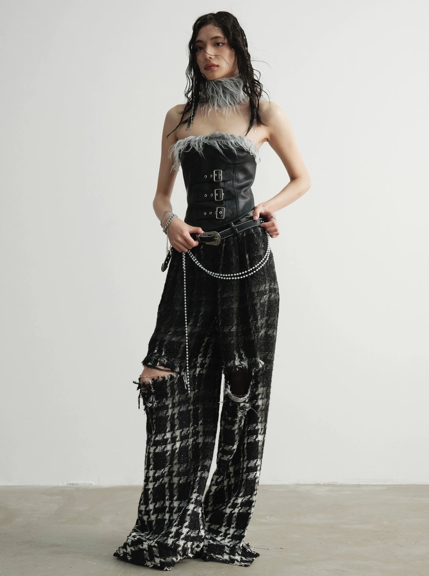 splicing punk leather bandeau top