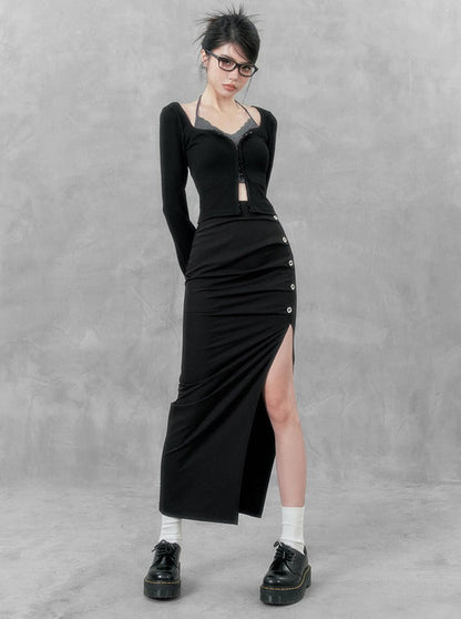 Slit Middle Hip Hug Long Skirt