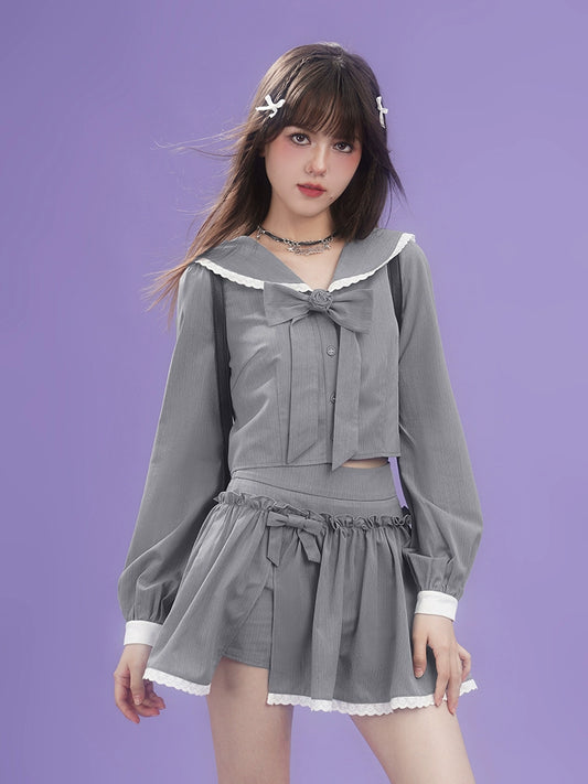 Gray bow loose and thin sailor collar Suit