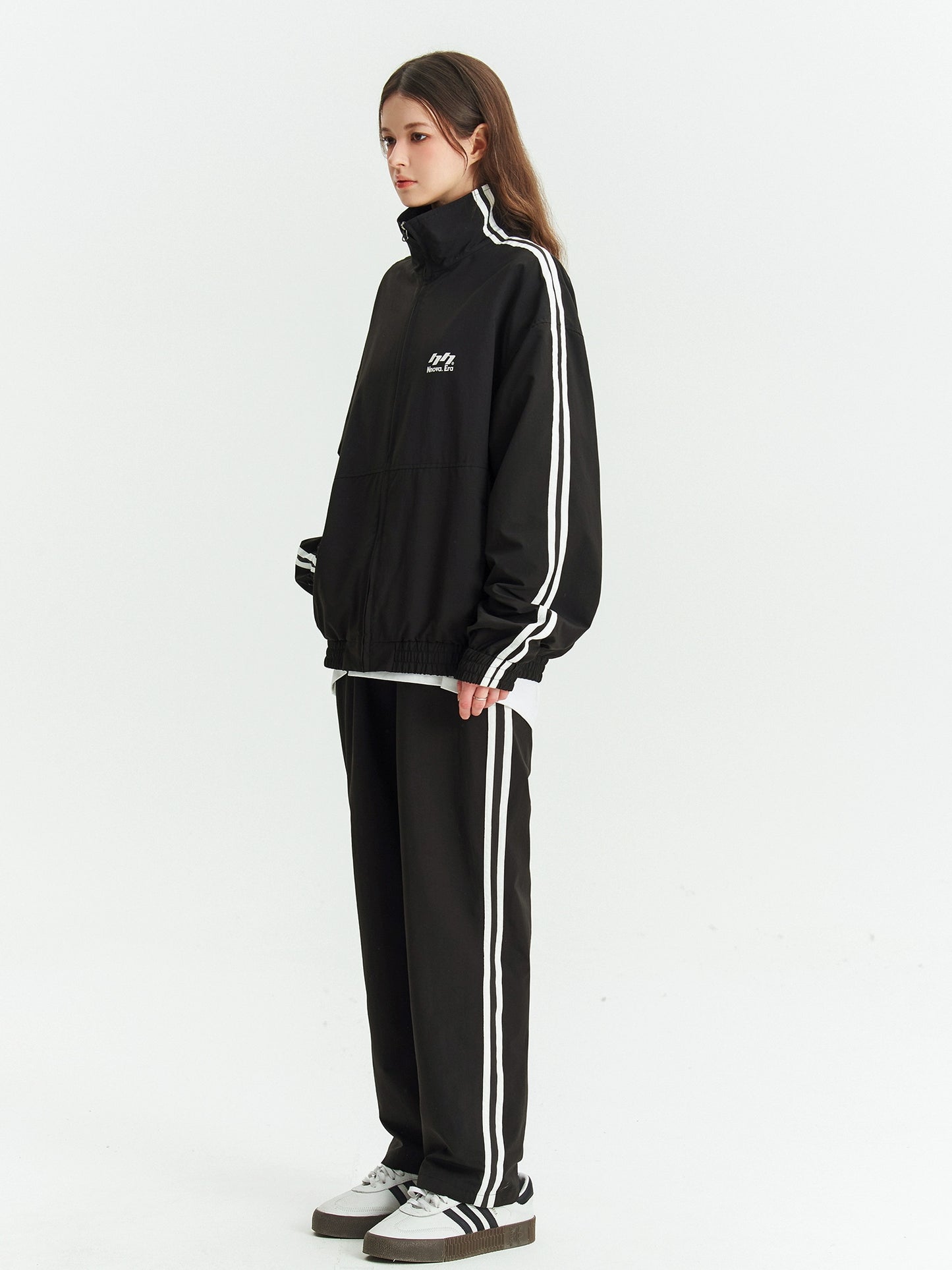 Stand up collar striped track jacket