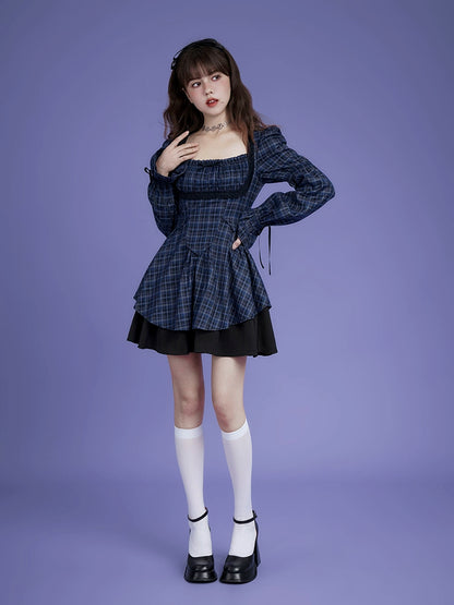 Dark Blue Grid Long Sleeve Slim Dress