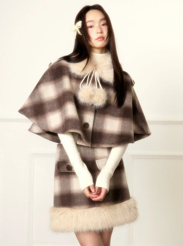 Tweed Brown Girl Vintage Plaid Cape Set