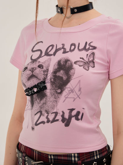 Slim Short Cat Print Round Neck T-Shirt