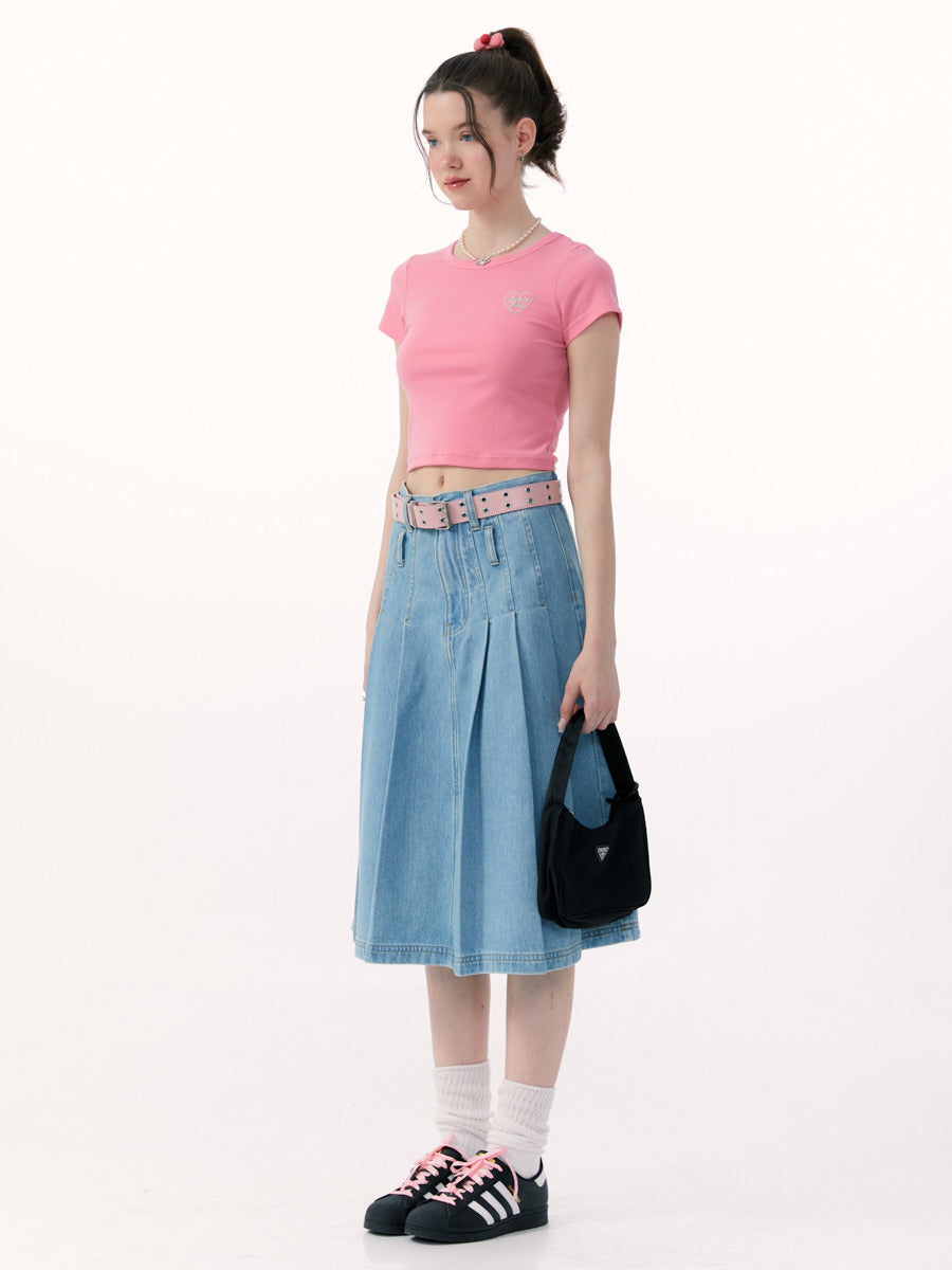 Pleated Denim Skirt