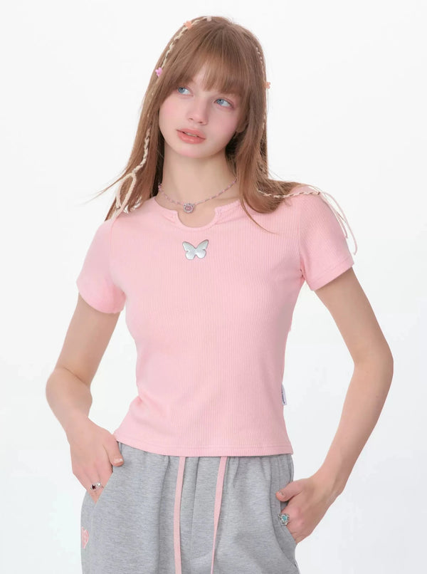 American Retro Half-Sleeved Slim Cropped Top