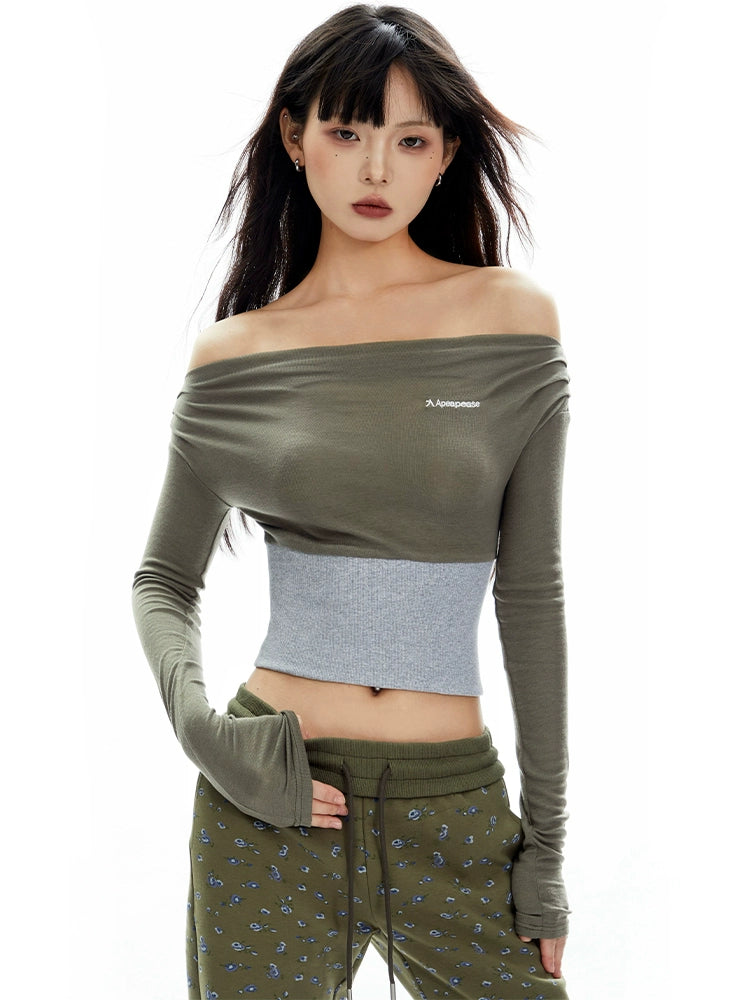 Cropped Stretch Neck Shoulder Top