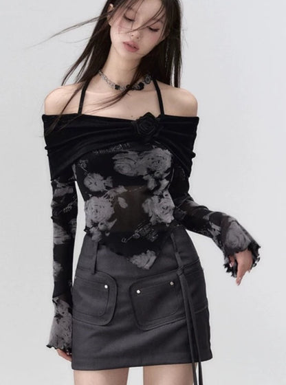 Dark rose fake two-piece dress / long sleeved T-shirt