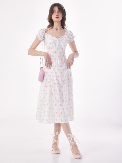 Rose Puff Sleeve Waist Slim Dress