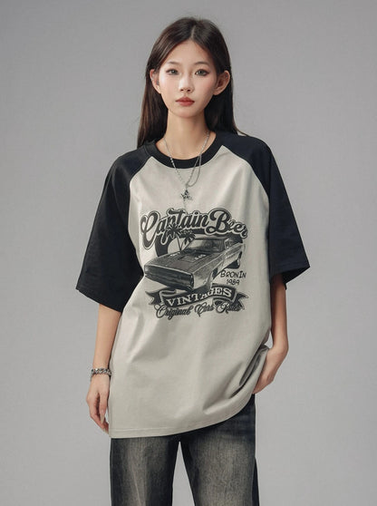 Retro Car Raglan Sleeve Short Sleeve Top