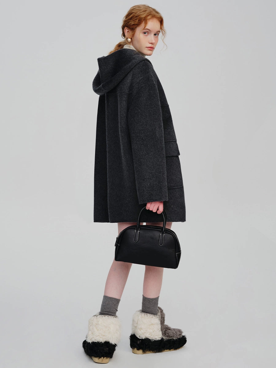 WOOL HOODED HORN-BUTTONED TWEED COAT