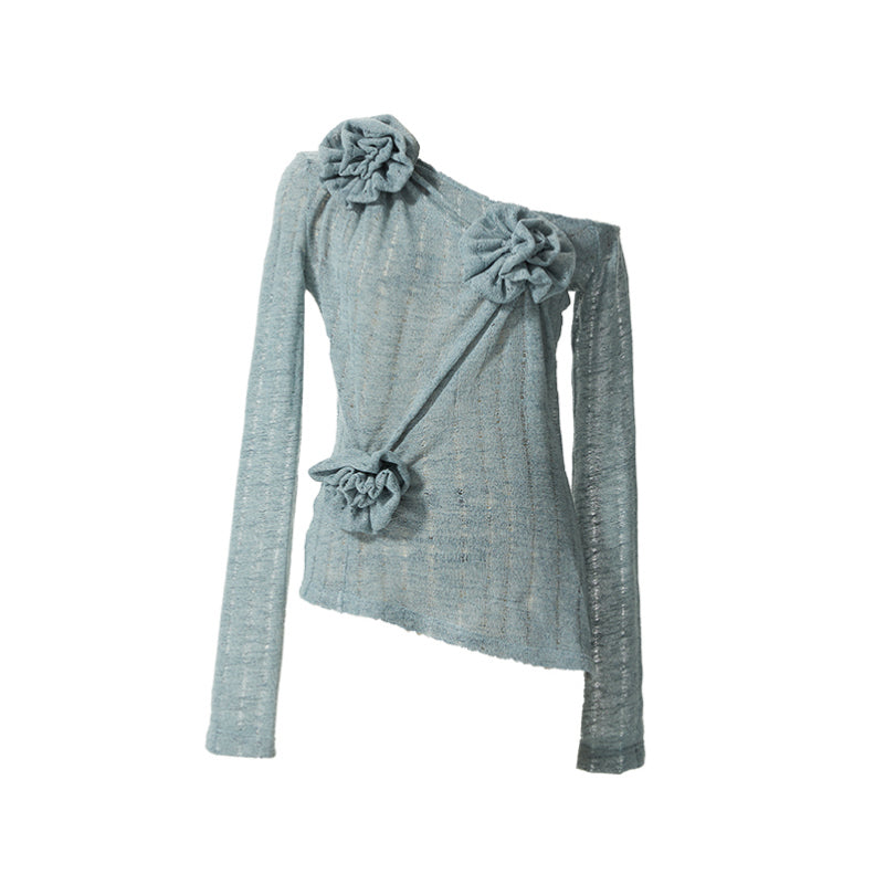 One-Shoulder Flower Motif Knit Top
