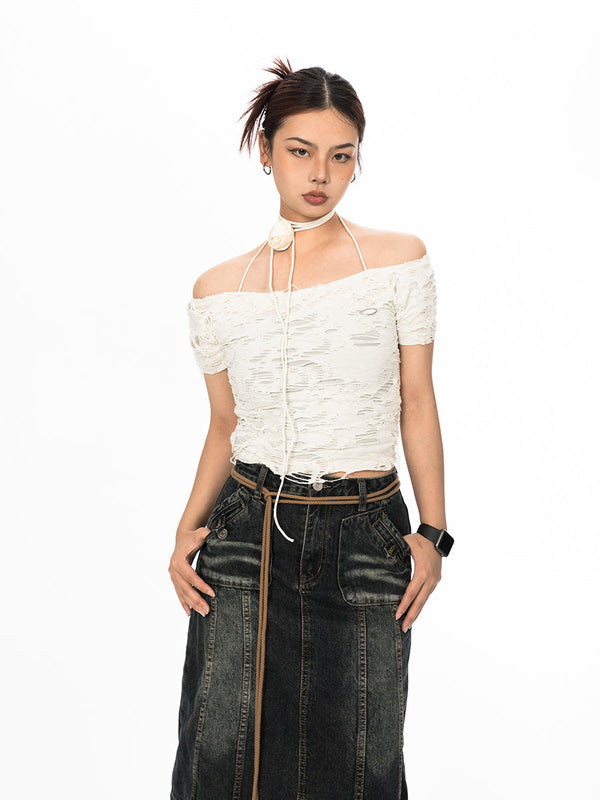 Strap Neck Crush Design Off-the-shoulder Top