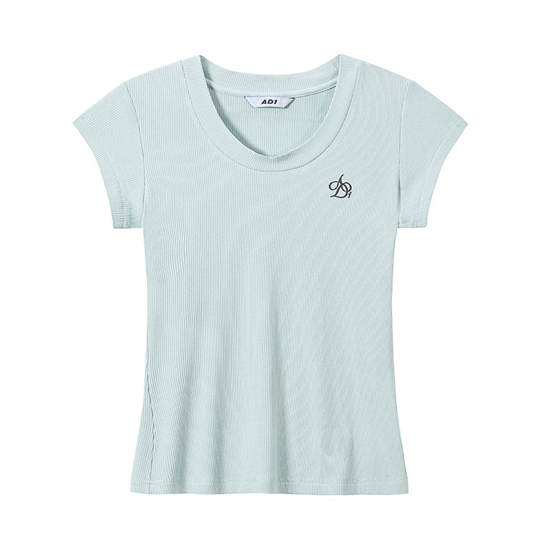 Loose Draped U-Neck Embroidered T-Shirt