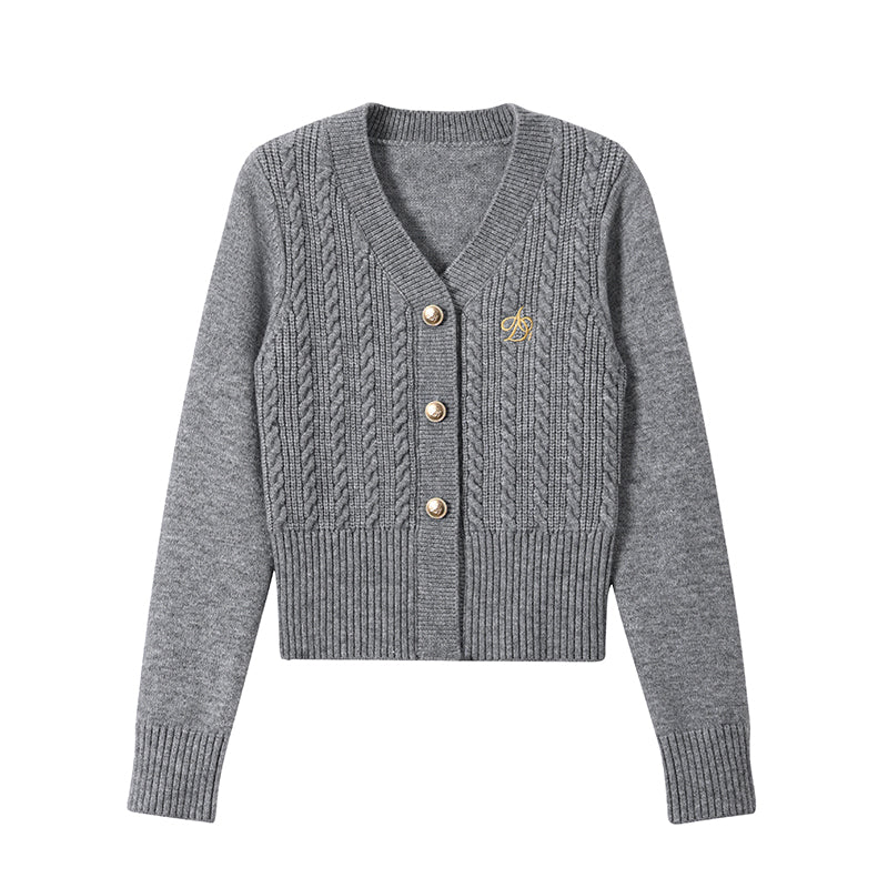 College Style V-Neck Slim Cable Knit Cardigan