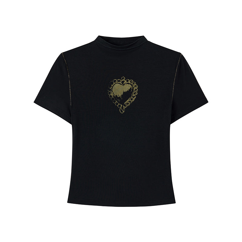 Heart Print High Neck Compact T-Shirt