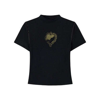Heart Print High Neck Compact T-Shirt