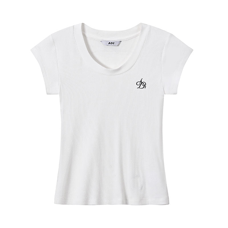 Loose Draped U-Neck Embroidered T-Shirt
