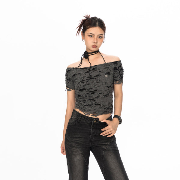 Strap Neck Crush Design Off-the-shoulder Top