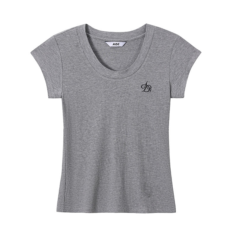 Loose Draped U-Neck Embroidered T-Shirt