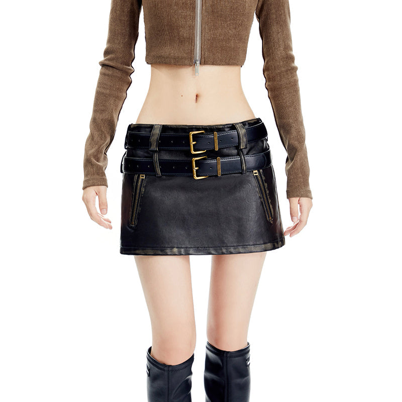 Double Belt Tight Leather Mini Skirt